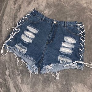 Lace Up Ripped Denim Shorts